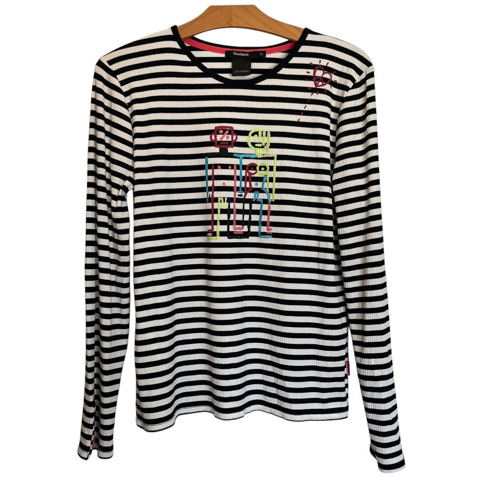 Desigual The Humanos Logo by Peret Long Sleeve Shirt Ribbed Striped Black White